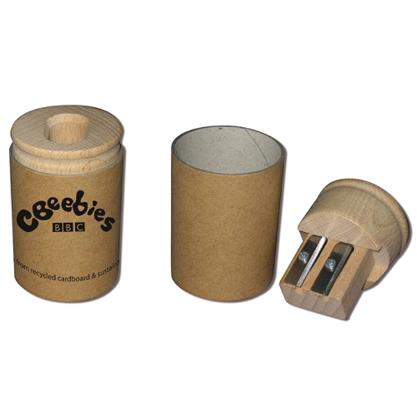 Wooden pencil sharpener with recycled card pot double cavity